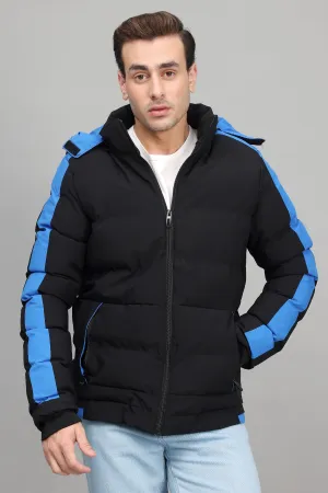 SPORTY HOODED PUFFER JACKET-BLK/BLUE