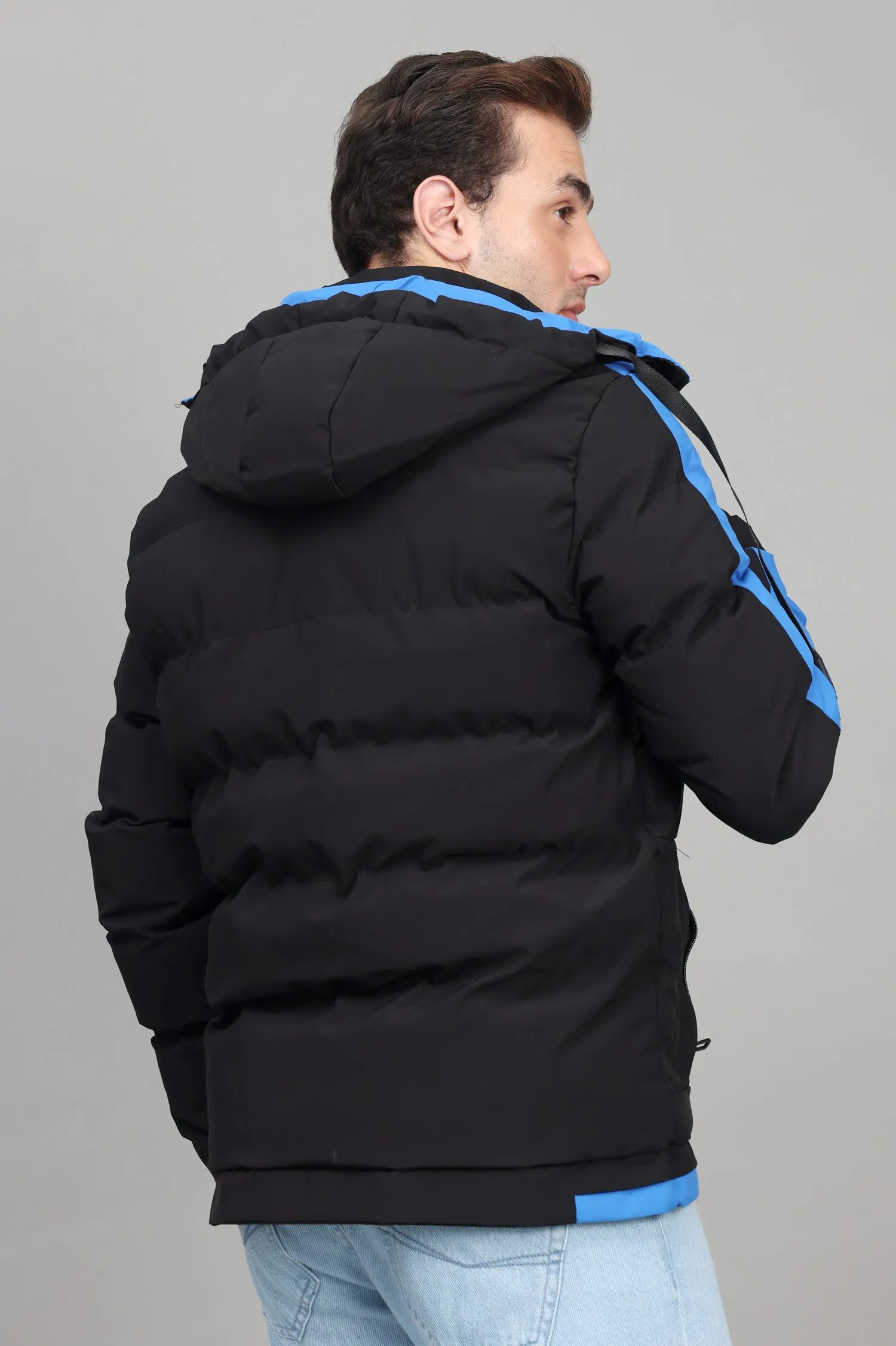 SPORTY HOODED PUFFER JACKET-BLK/BLUE