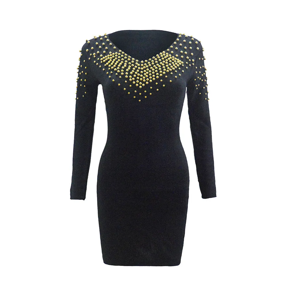 V-Neck Black Long Sleeve Knitted Dress Women