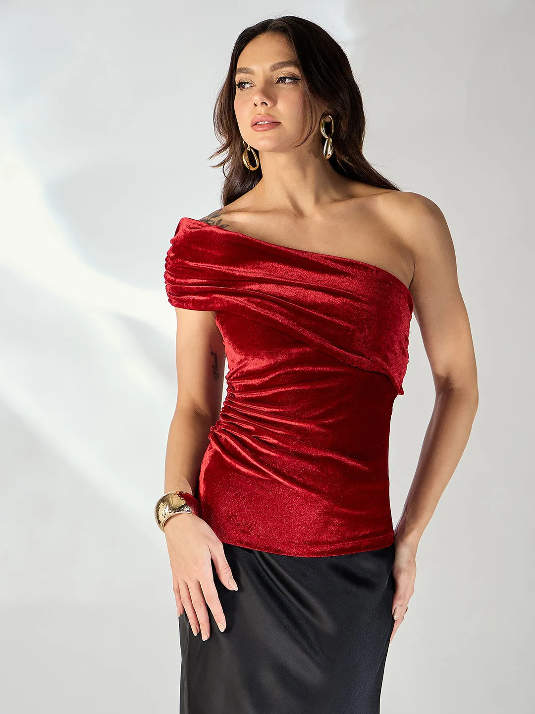 Velvet Stretchable One Shoulder Ruched Top