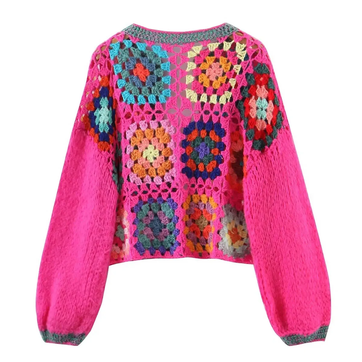 Vintage Boho Rose Oversized Cropped Crochet Granny Square Cardigan