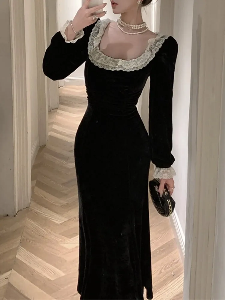 Vvsha  party look inspos Autumn Women Vintage Chic Velvet Black Dress Long Sleeve Bodycon Evening Party Dresses Female Fashion Chic Prom Vestidos Mujers