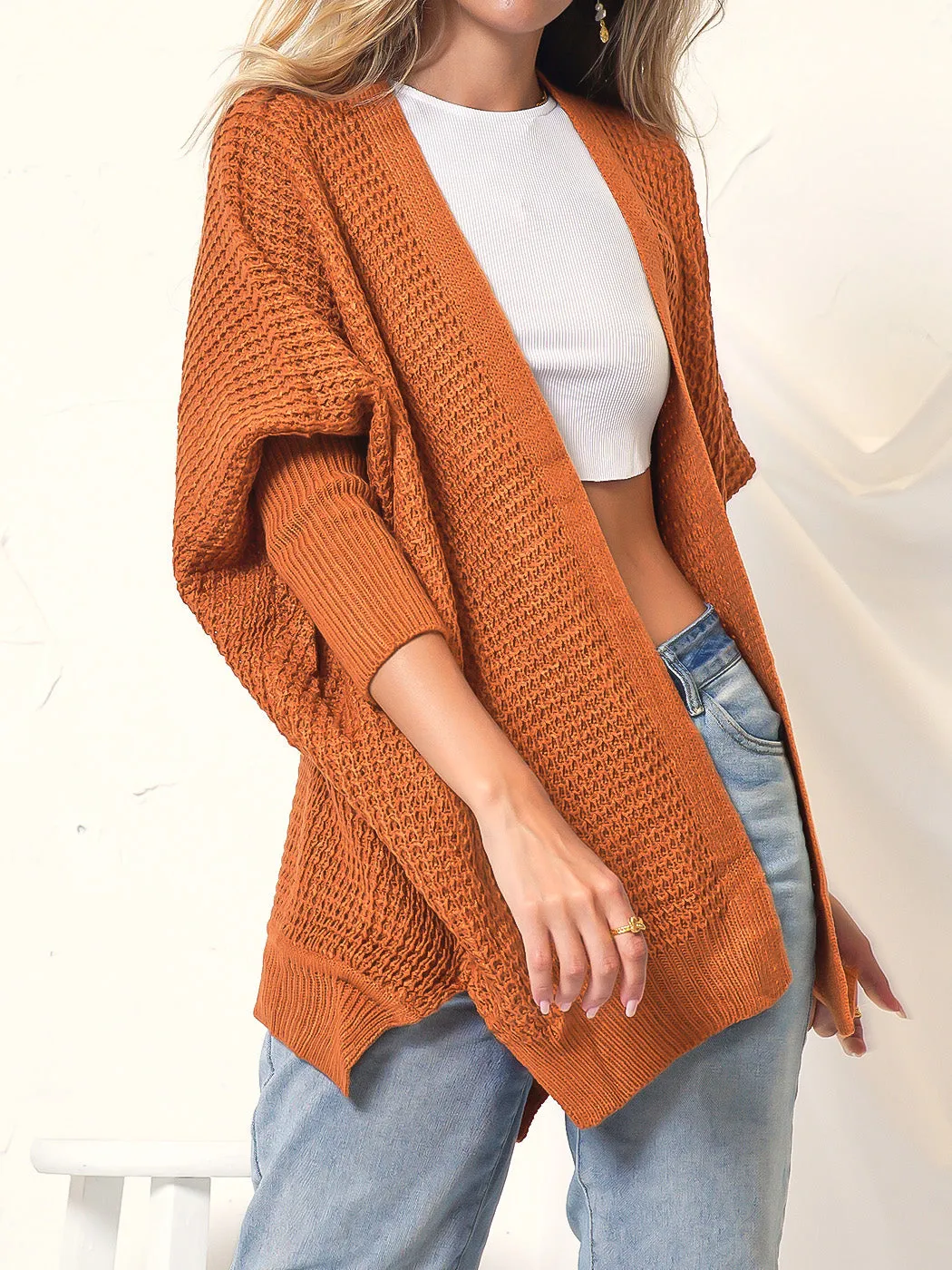 Waffle Knit Open Front Cardigan Sweater