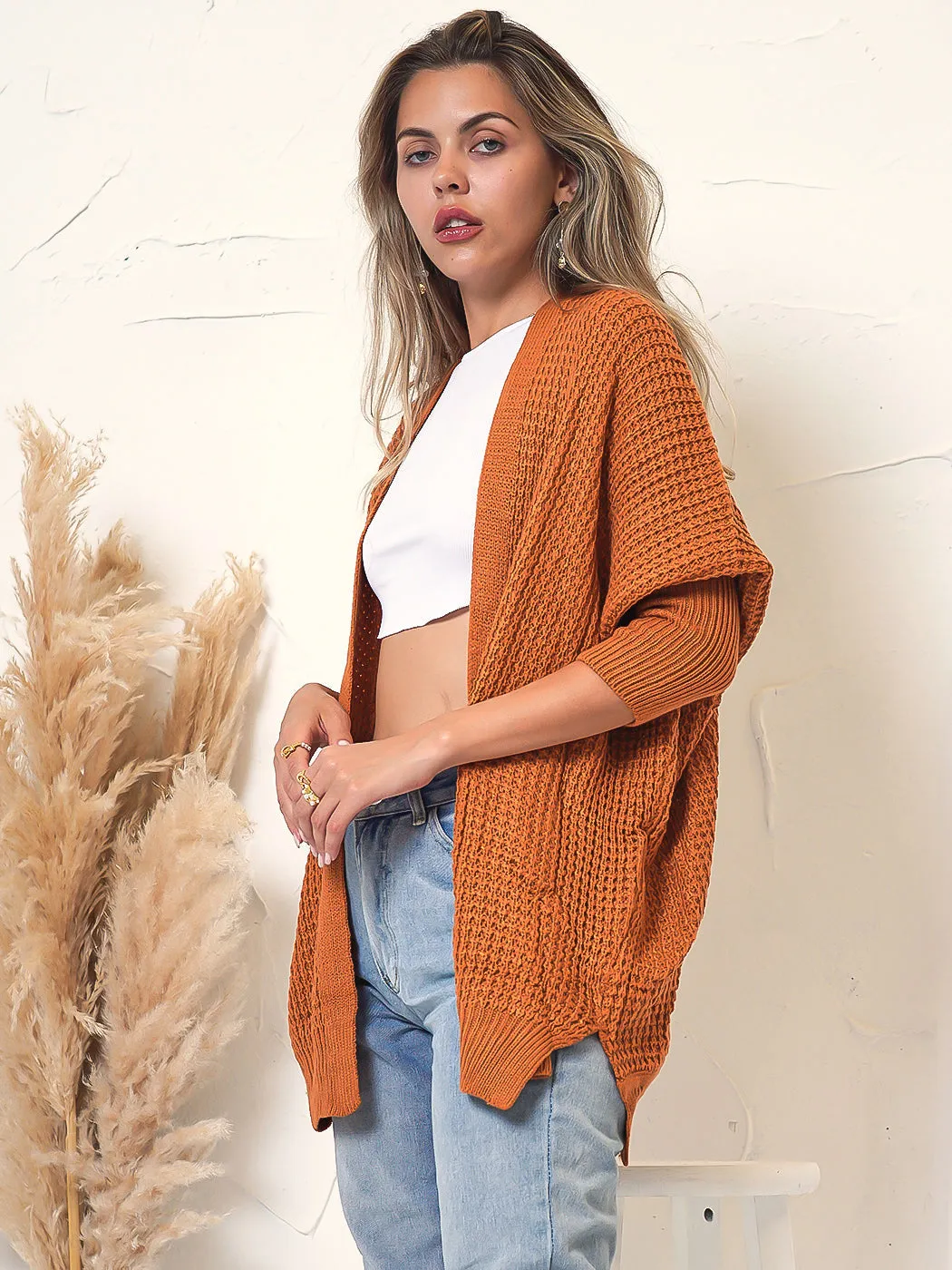 Waffle Knit Open Front Cardigan Sweater