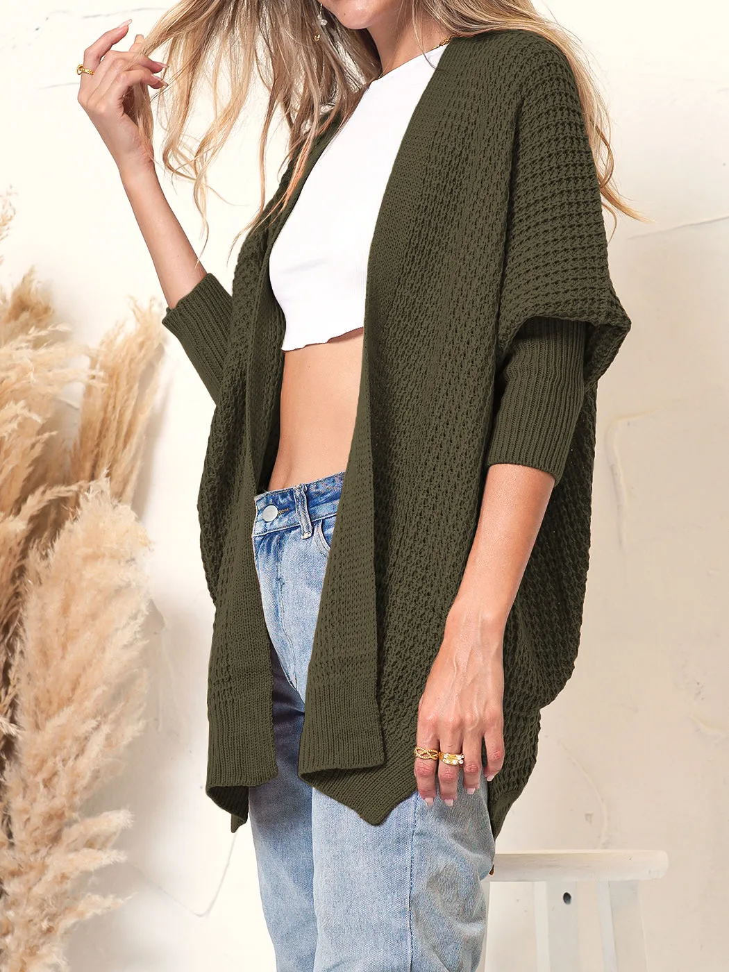 Waffle Knit Open Front Cardigan Sweater