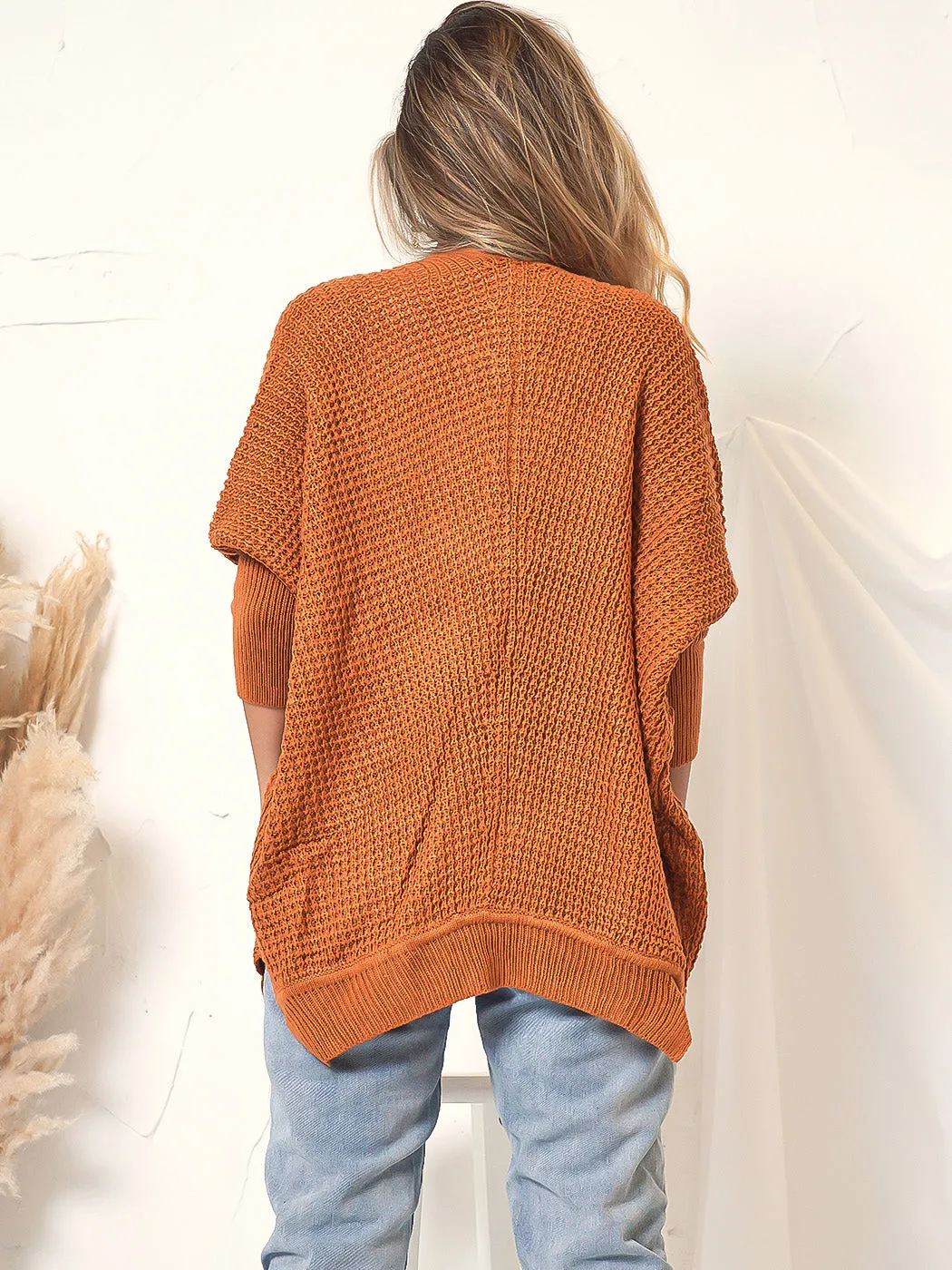 Waffle Knit Open Front Cardigan Sweater