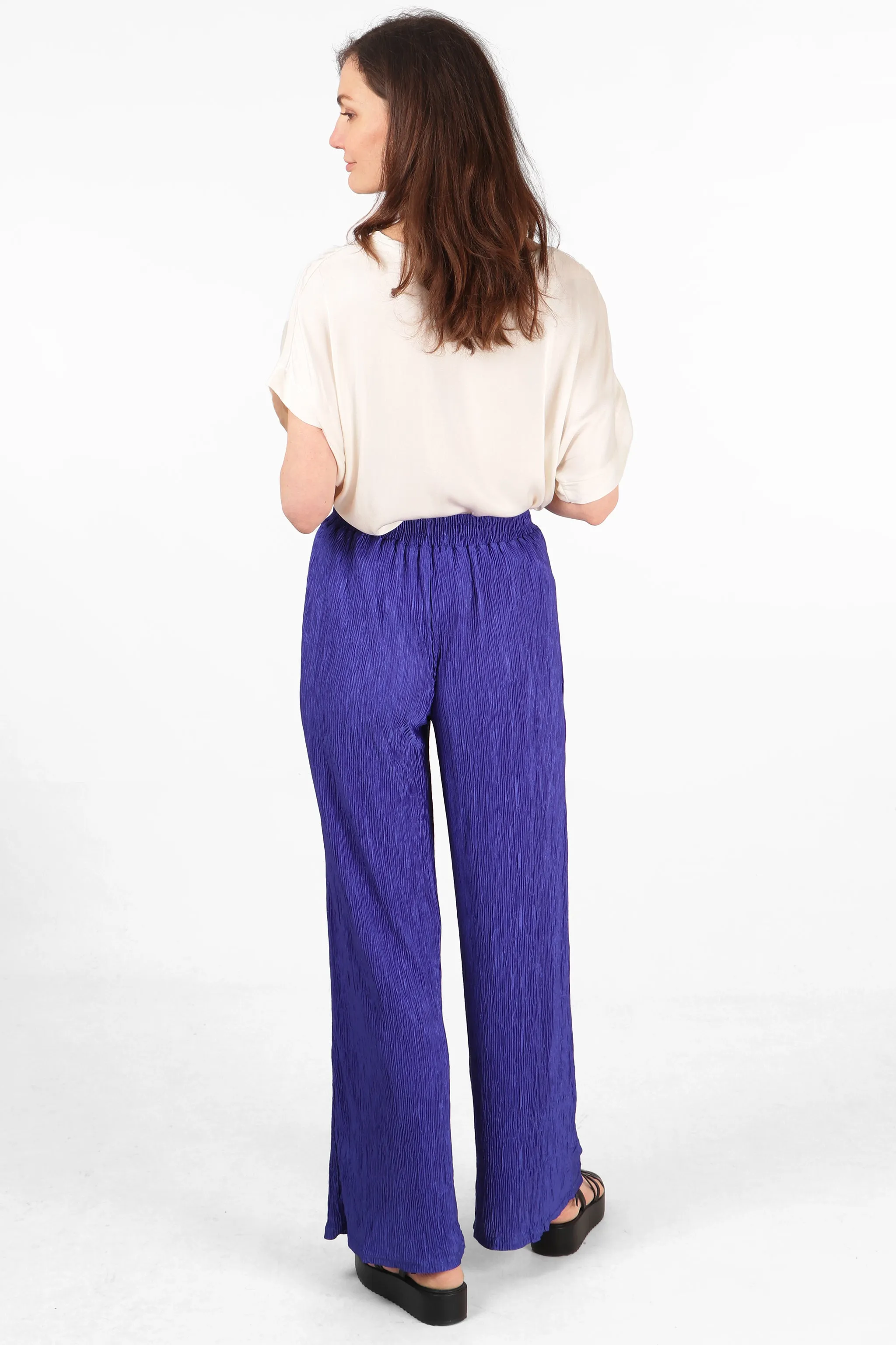 Wide Leg Plisse Trousers with Elastic Smocked Waist in Royal Blue