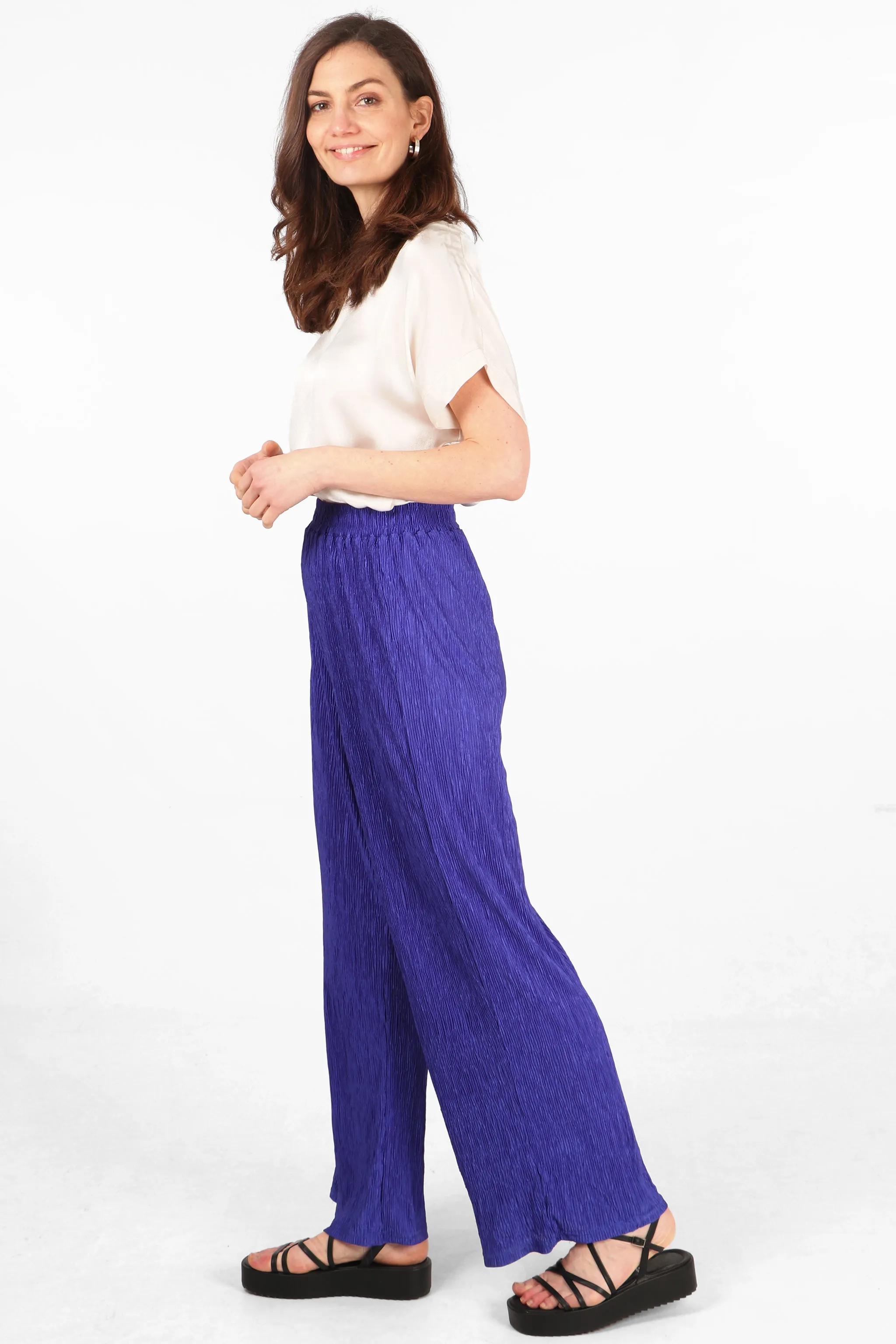 Wide Leg Plisse Trousers with Elastic Smocked Waist in Royal Blue