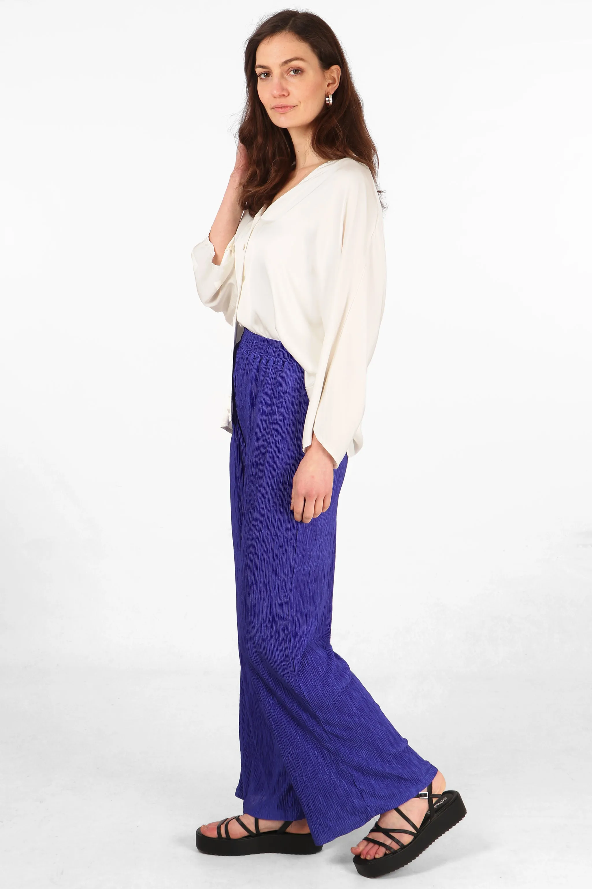 Wide Leg Plisse Trousers with Elastic Smocked Waist in Royal Blue