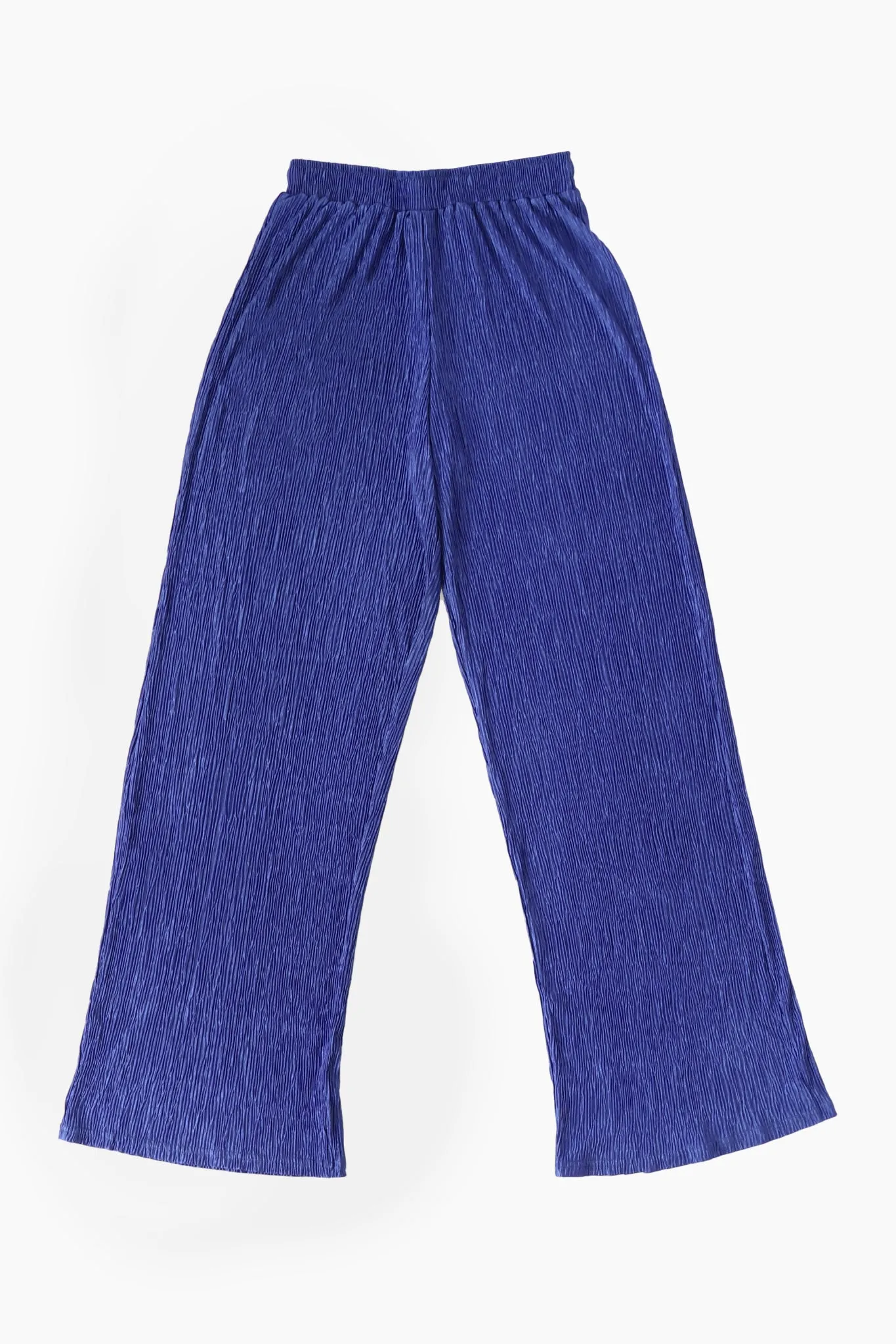 Wide Leg Plisse Trousers with Elastic Smocked Waist in Royal Blue