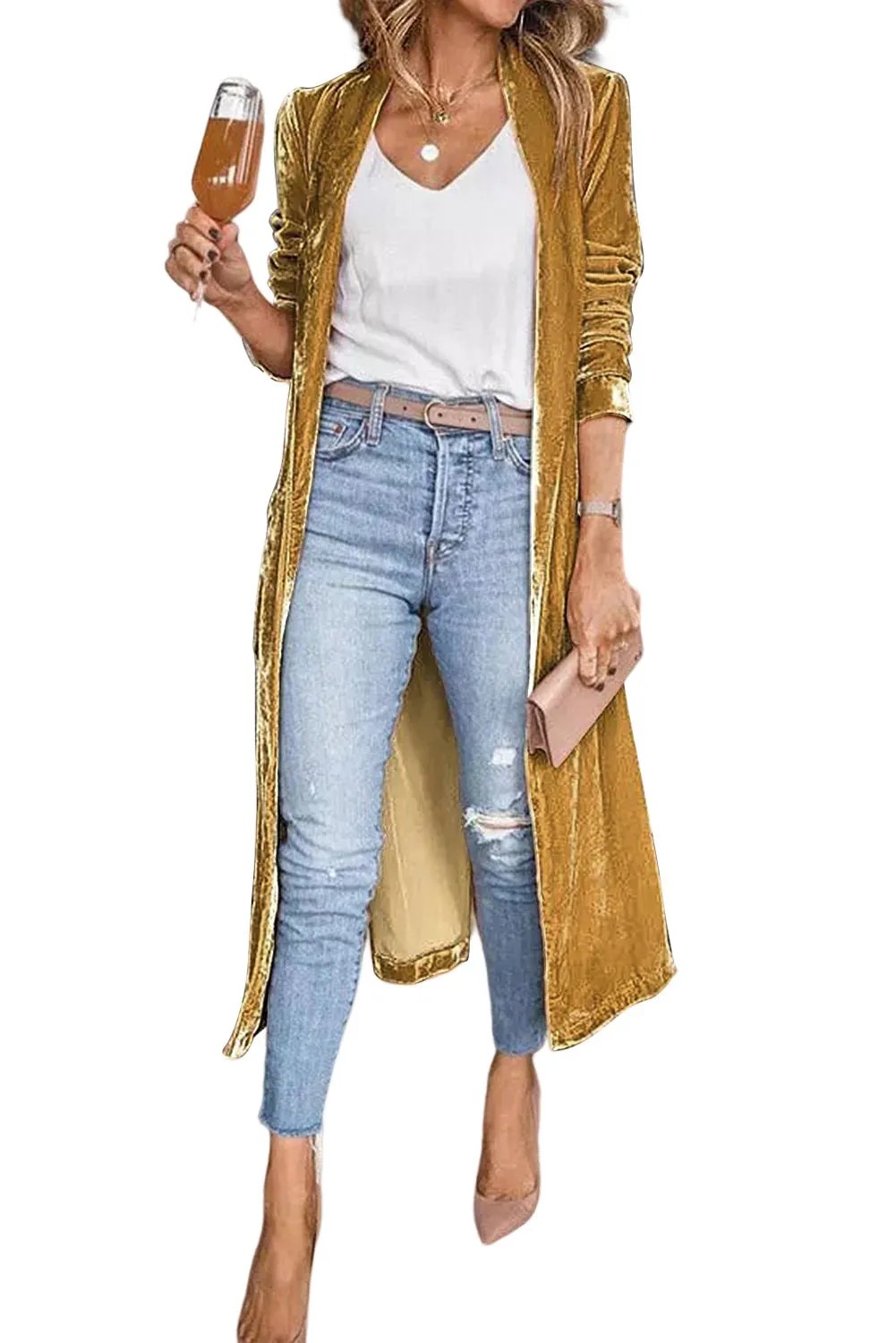 Yellow Velvet Open Front Pocketed Long Duster