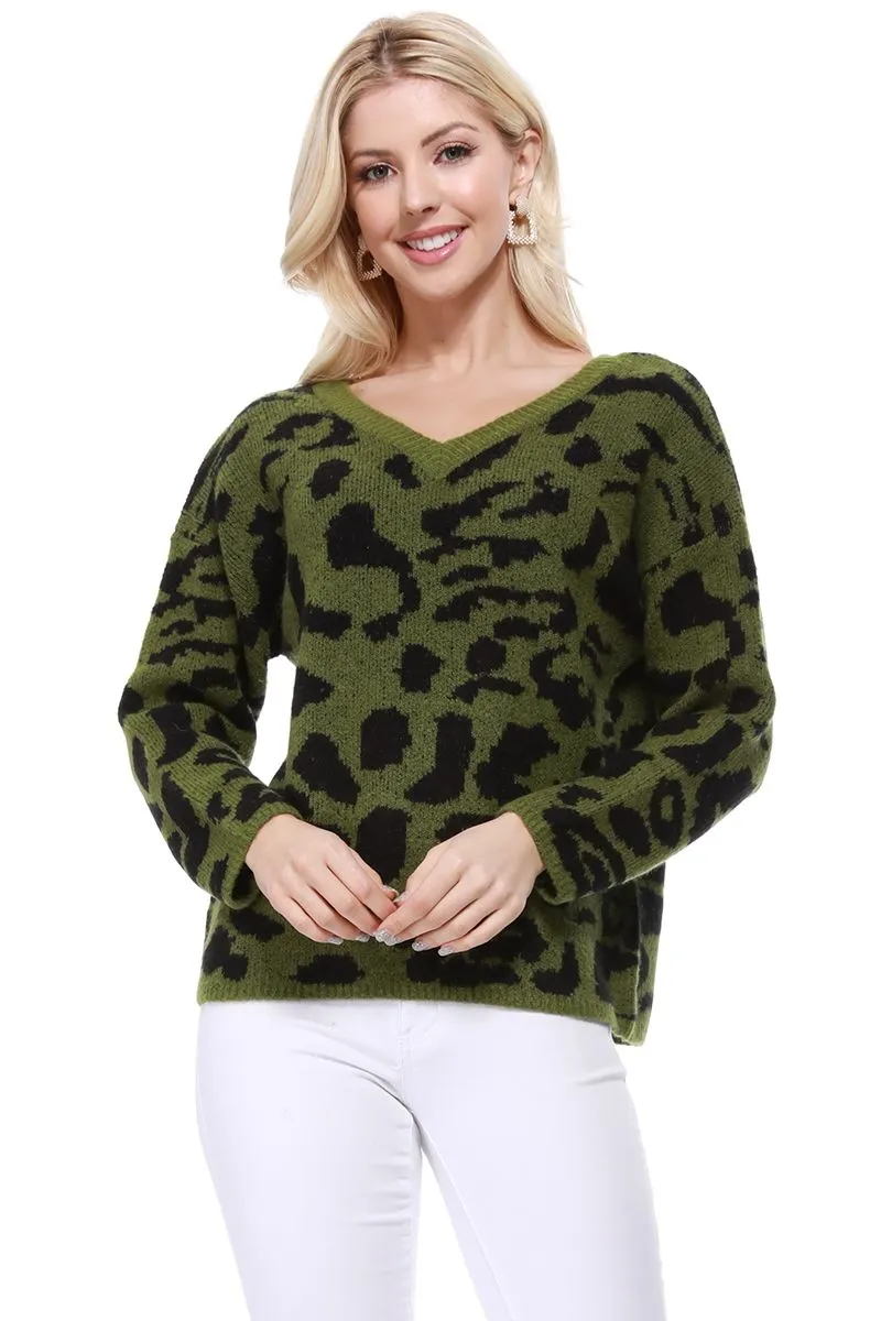 YEMAK Women's Chunky Leopard Patterned V-Neck Long Sleeve Top Sweater Pullover MK8252