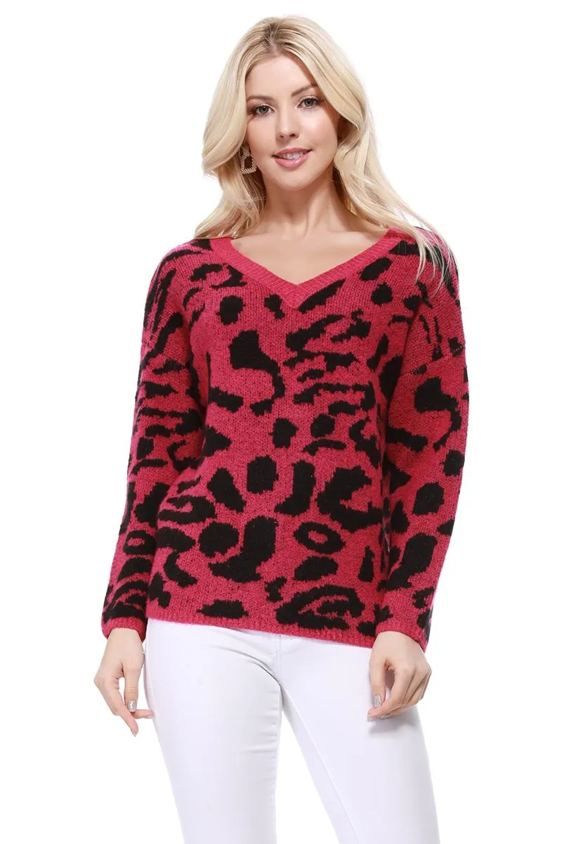 YEMAK Women's Chunky Leopard Patterned V-Neck Long Sleeve Top Sweater Pullover MK8252